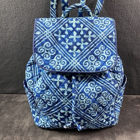 Vera Bradley Cuban Tiles Cotton Backpack Medium Blue Turquoise Straps 14"x12"x5" - Picture 3 of 14